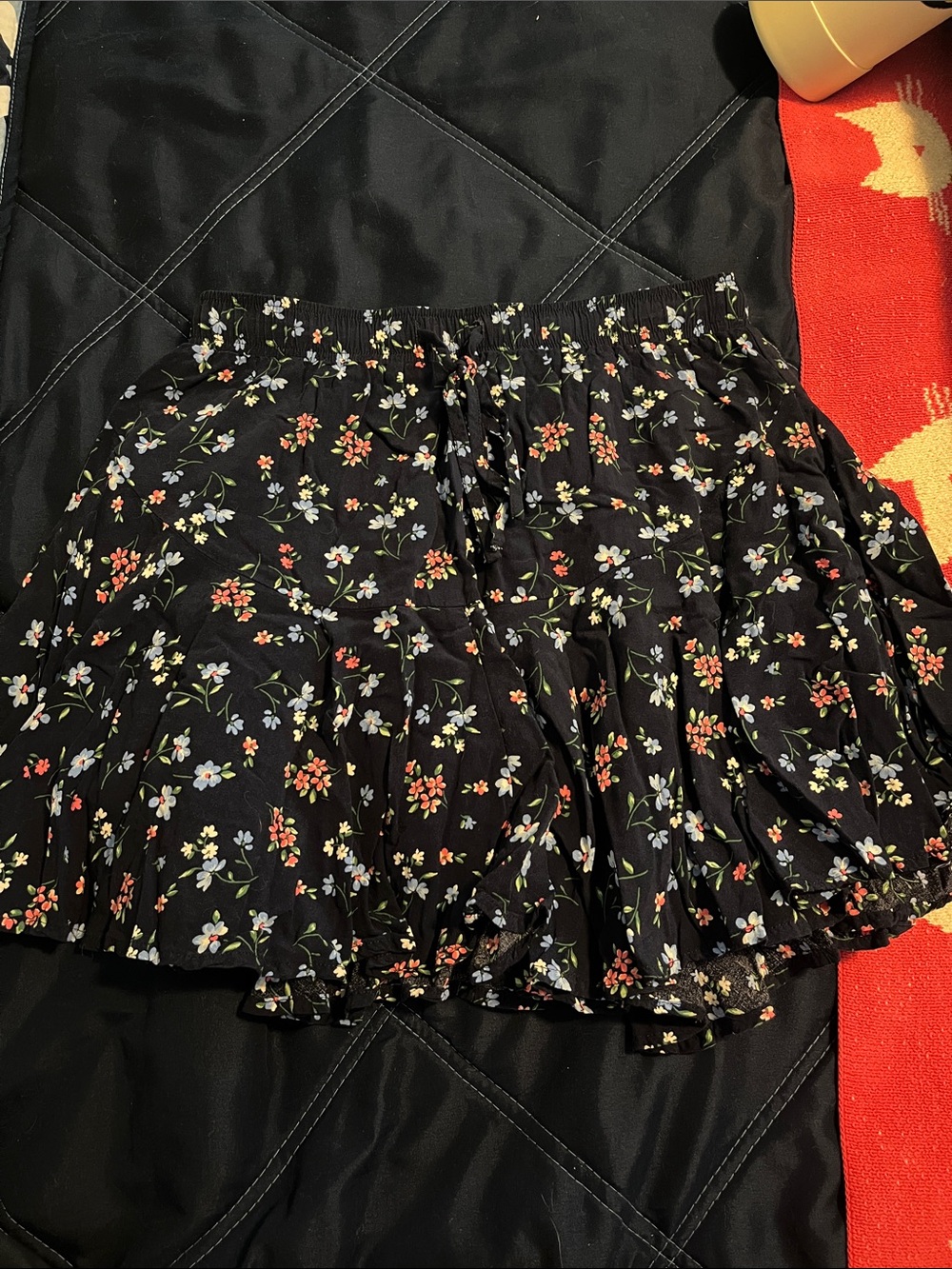 Black Floral Ruffle Mini Skirt